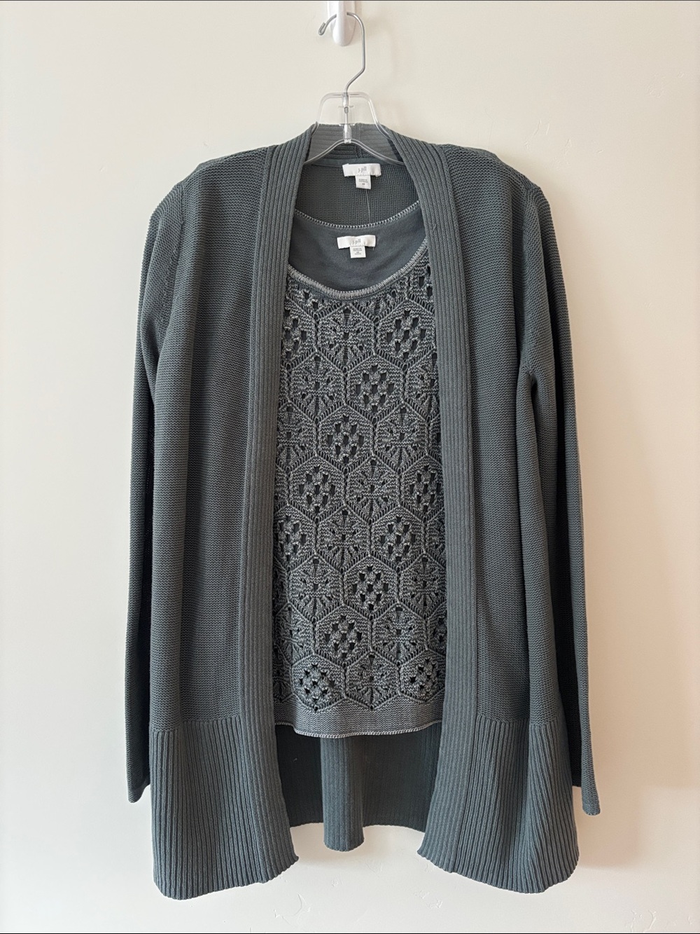 J. Jill Charcoal Gray Open-Front Cardigan with Crochet Shell